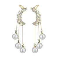 fashion new 925 silver needle elegant crystal long earrings design earbone pearl jewelry pendants tassel clip earrings for women