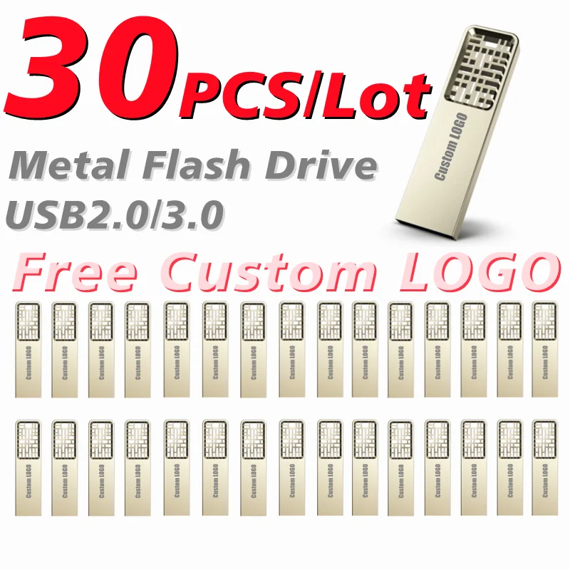Free Shipping 30PCS/Lot Free Custom Name LOGO Silver Metal USB2.0/3.0 Flash Drive 2GB 32GB 64GB 128GB Memory Stick