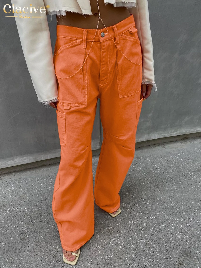 

Clacive Vintage Orange Jeans Woman 2022 Fashion Mid Waist Full Length Pant Jeans Streetwear Elegant Denim Straight Trousers