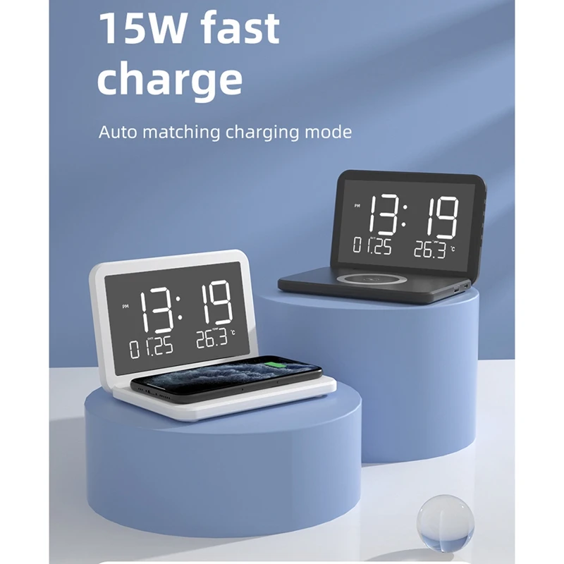 

LED Electronic Alarm Clock Wireless Charger with Mirror Clock Temperature Date Phone Holder Wireless Charging Stand