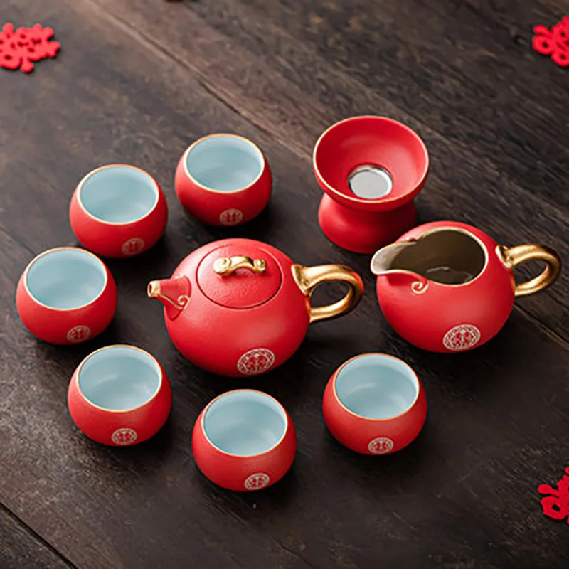 

Ceramic Portable Travel Tea Set Porcelain Kungfu Teapot Teacups with Gift Box For Red Wedding Party Marriage Newlywed Supplies