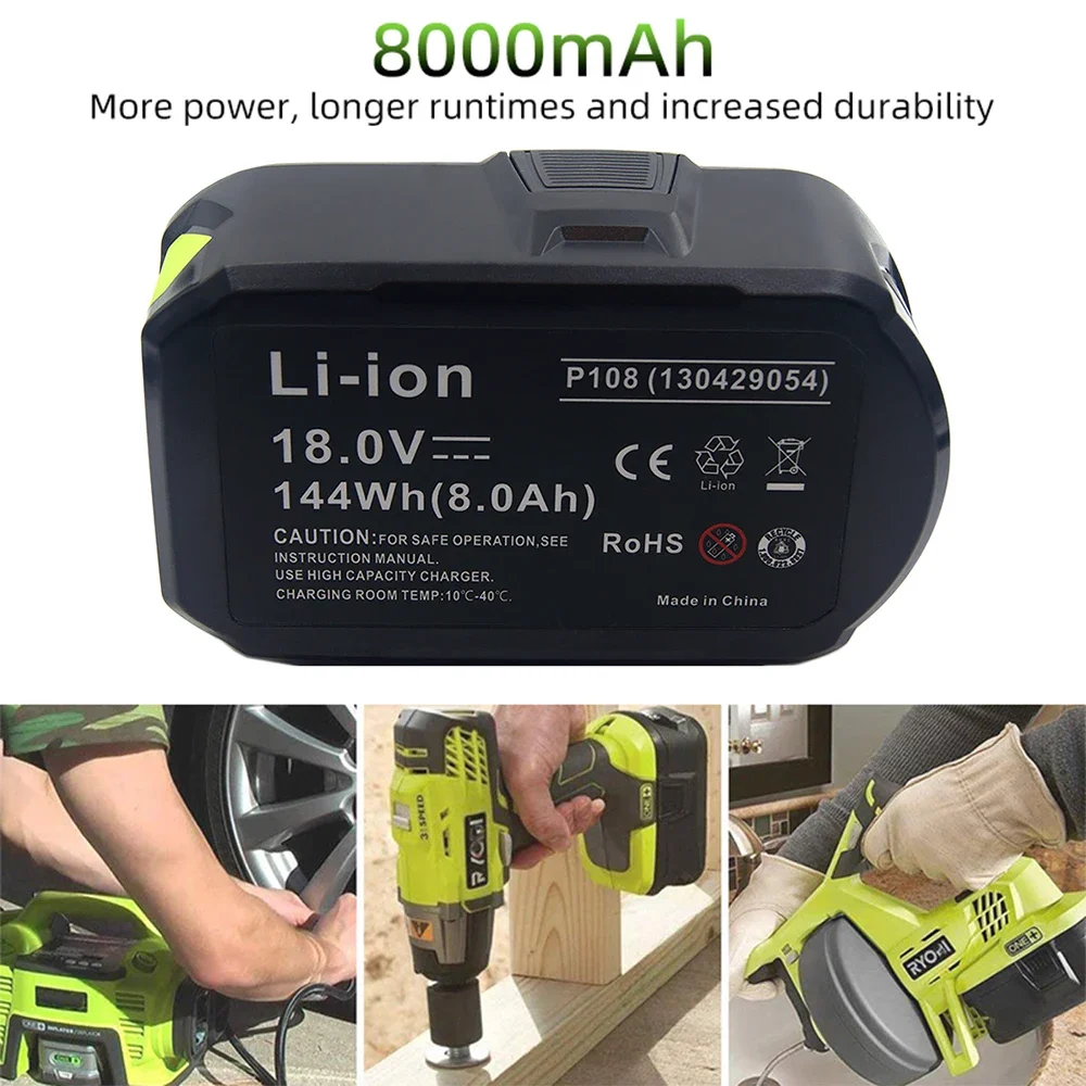 Фото Литий-ионный аккумулятор 8000 мАч для замены батарей Ryobi 18V RB18L40 RB18L50 RB18L60 P108 P107 BPL1820 P122 P104 P105 P102 P103 ONE+ №3