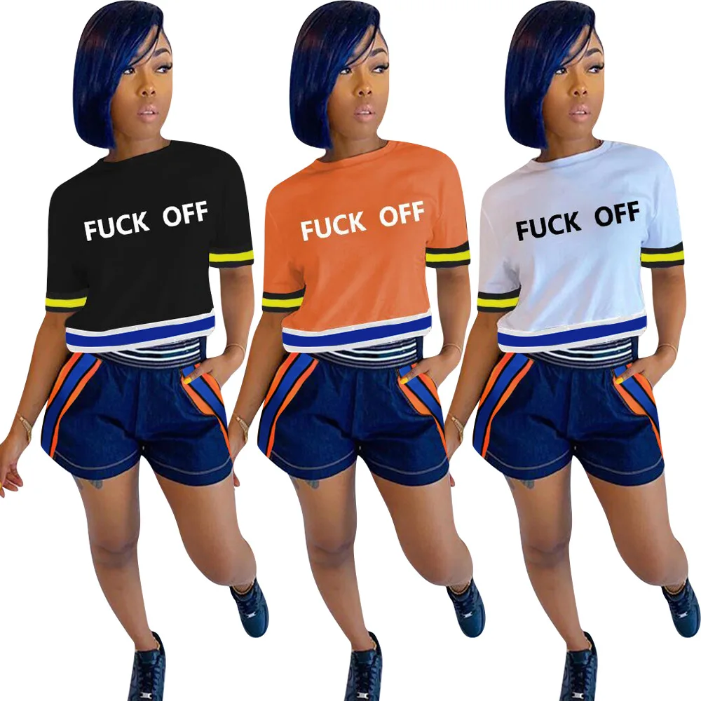 

2 Piece Sets Womens Outfits New Casual Suits Europe and The United States Hot Selling Printed Webbing Denim Shorts Sports Suits