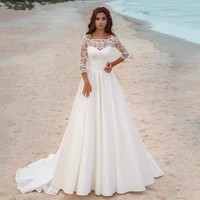 fsahion o neck a line wedding dress 2022 illusion 34 sleeve lace appliques bridal gown button chiffon sweep vestido de noiva