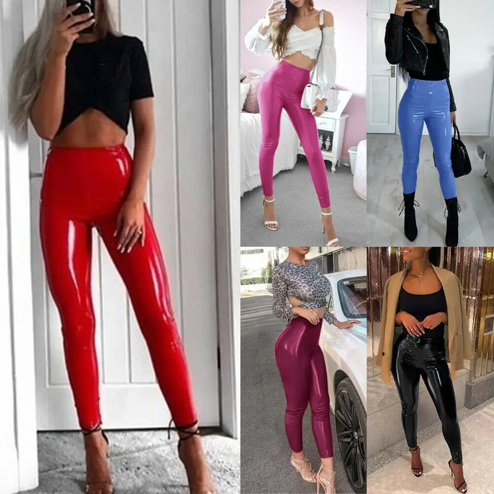 New Women's Leasther Long Pants Stretchy Sexy High Waist Skinny PU Pencil Trousers Trousers Streetwear