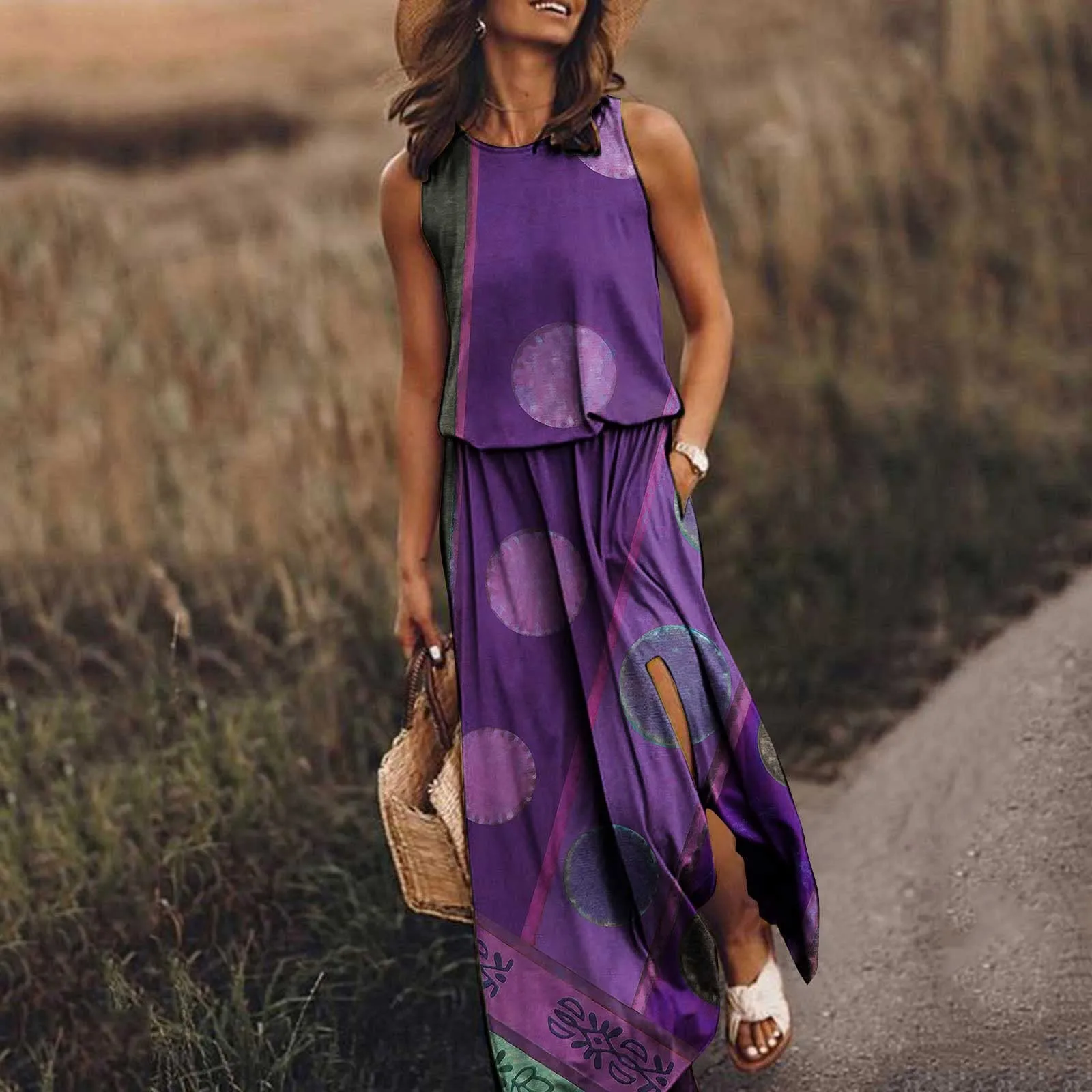 

Women's Dress With Elastic Waistband Stitching Printed Split Sexy Dress Popular Casual Summer Dresses For Women 2023 Roupas Fem