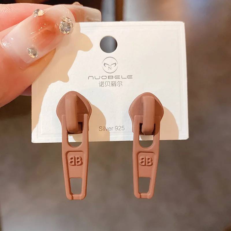 

925 Silver Needle Trend Paint Zipper Earrings Cool Style Personality Fashion Versatile Net Red Women