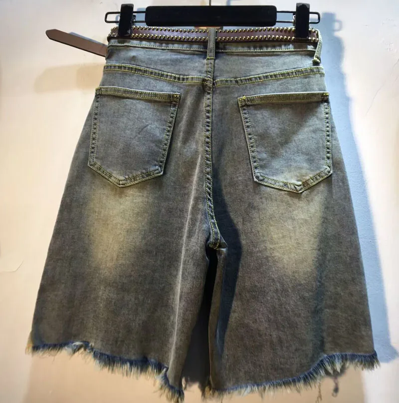 Europe 2023 New Summer Beading Tassel High Waist Denim Pants Vintage Stretch Jeans All-match Straight Knee-length Pants