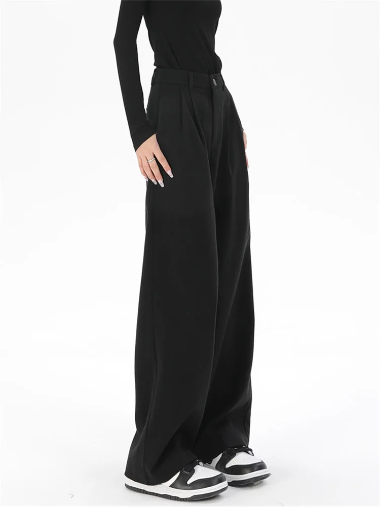 

Wide Leg Pants Women Pure Black Button Korean Style Loose Leisure High Waists Female Daily Long Trousers Streetwear Fall Winter
