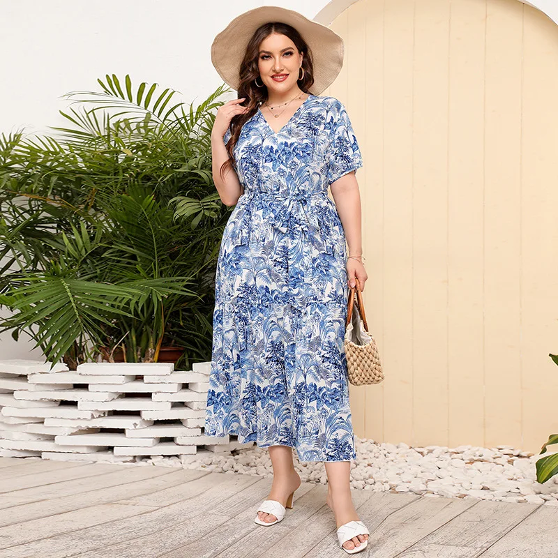 

Plus Size Women Clothing 4XL Fashion Summer 2022 Luxury Long Beach Dress Sexy V Neck Loose Floral Print Oversized Dress