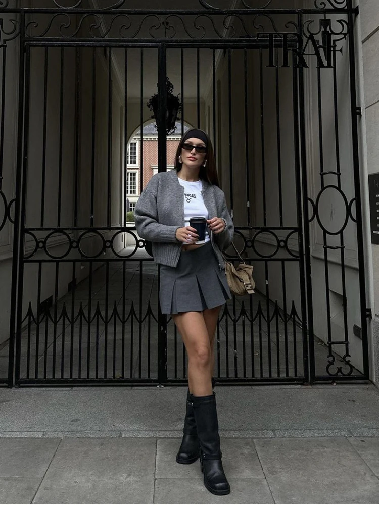 TRAF женская мода Casual круглый шеи свитер пальто ретро длинный рукав молнии вязать