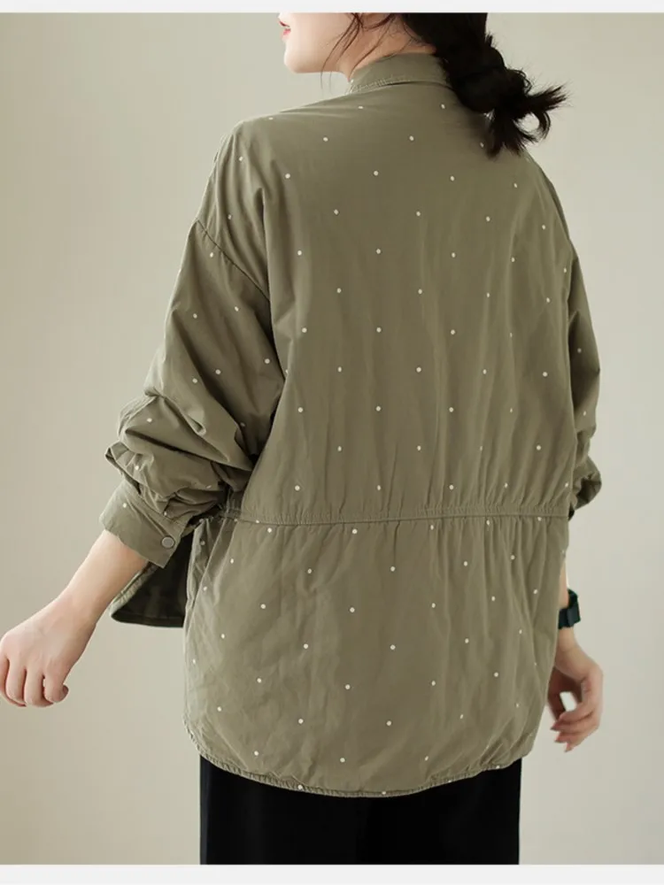 Осеннее стеганое хлопковое пальто большого размера женское в горошек с принтом