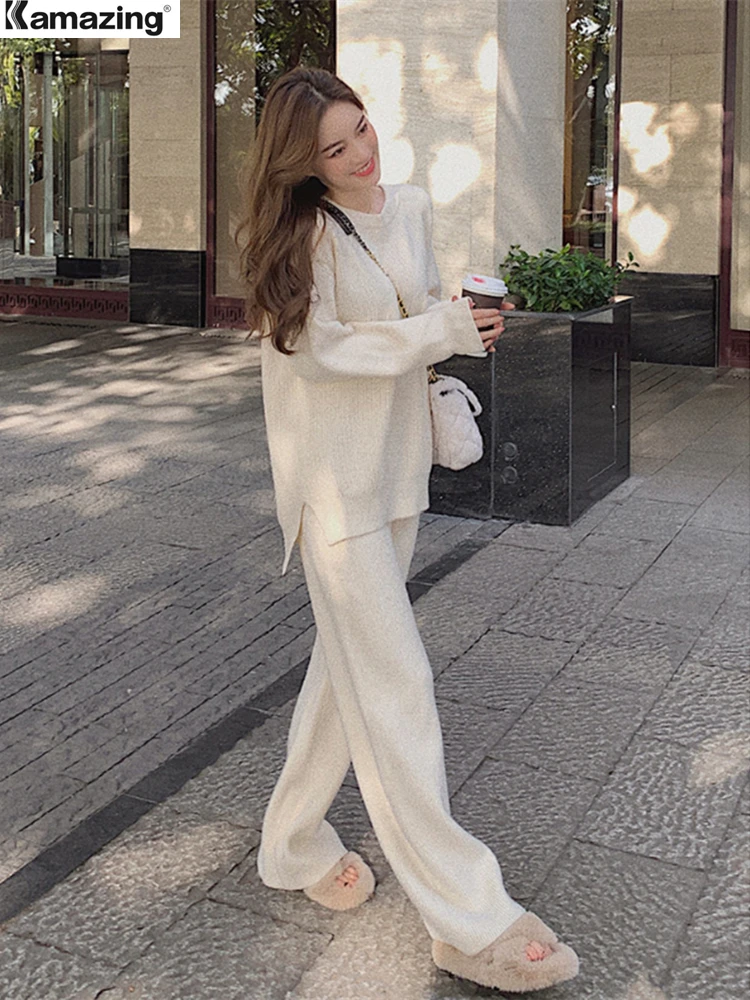 Women Autumn New Two Piece Set Pullover Sweater Tracksuit High Waist Knit Straight Pants Suit Spring Clothes 155-165cm