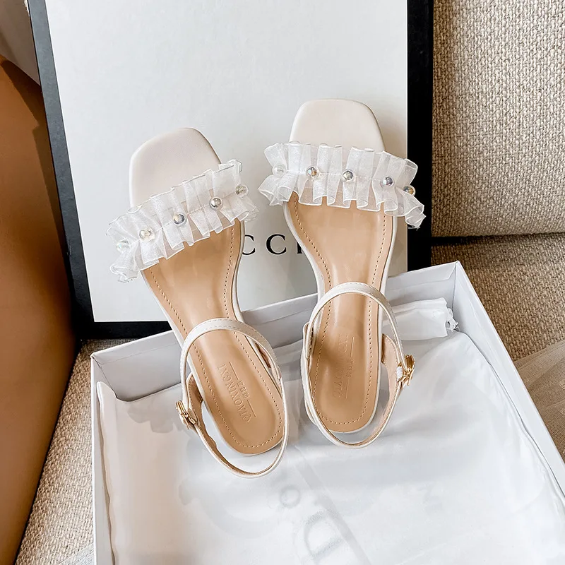 

2022 Summer New Net Red Transparent Heel Fashion Low Sandals Large Women's Shoes 41-43