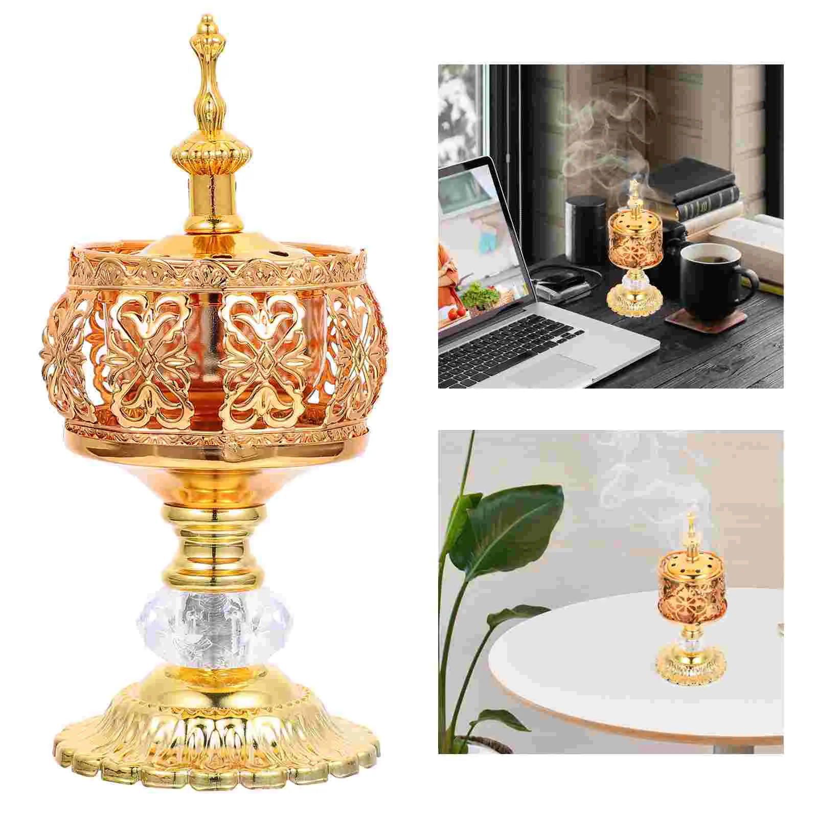 

Arabian Golden Holder Tabletop Ornament Frankincense Resin Burner Housewarming Gift for Bakhoor Oud Sticks