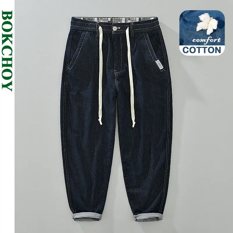 

2022 осенне-зимние новые эластичные винтажные джинсовые брюки с завязками, мужские свободные повседневные удобные хлопковые брюки-карго F1016