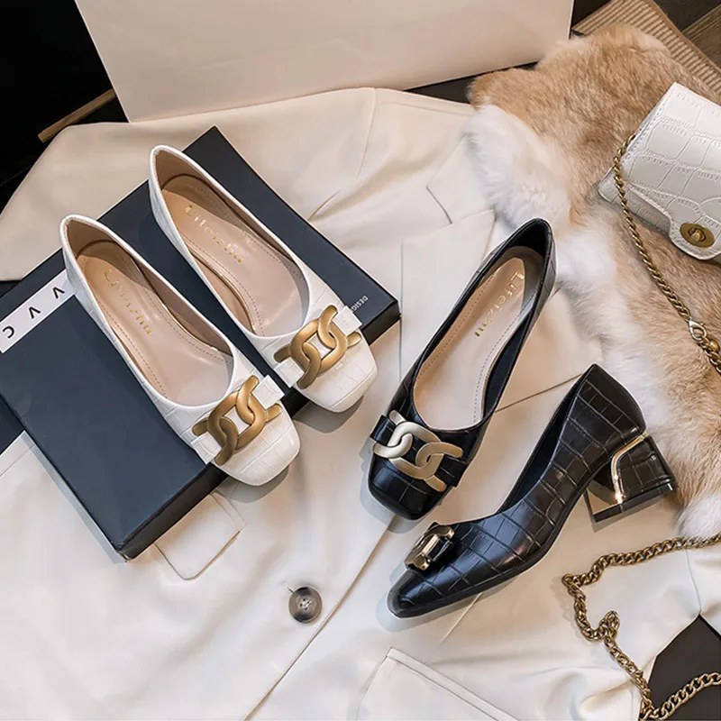 2022 Spring New Metal Buckle Stone Pattern Square Toe Shallow Mouth Single Shoes Medium Thick Heel High Heels Casual Shoes