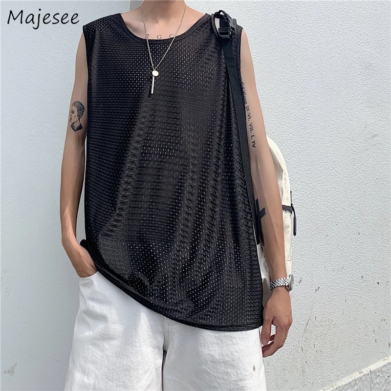 

Tanks Men Students Summer Breathable Sleeveless Ins Fashion Solid Chic Simple Loose Leisure All-match Thin O-neck Tops Handsome