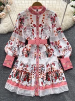 runway lace trims embroidery hollow out stitching flower dress women long lantern sleeve floral print belted mini vestido 6509