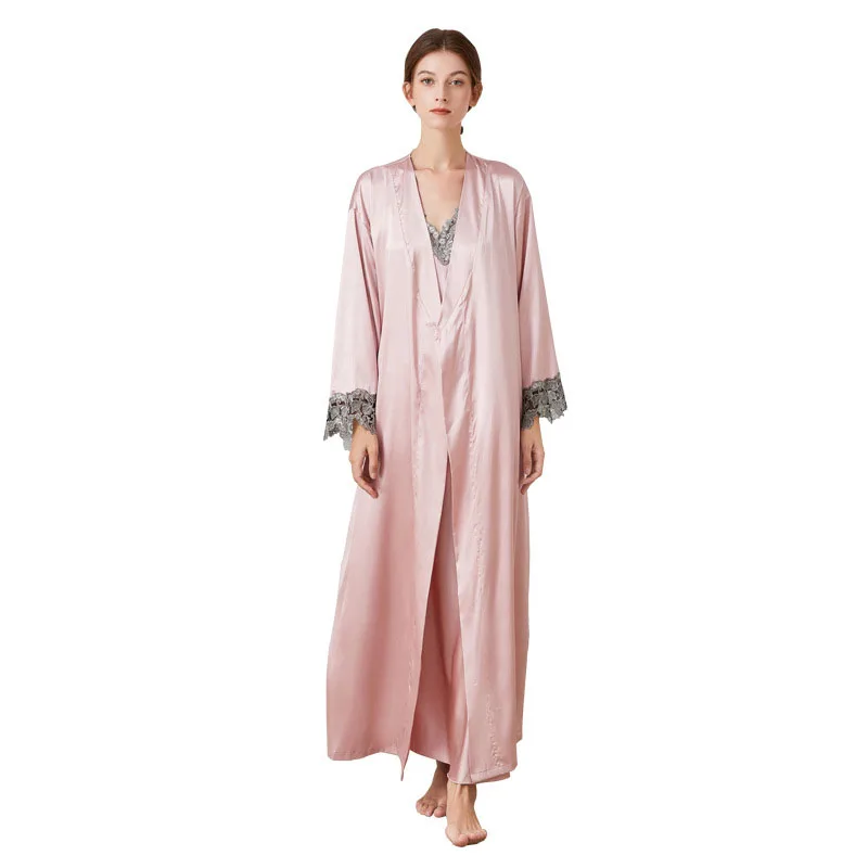 Women's Sleepwear 2 Pcs Sets Satin Sleep Dress Silk Sleeveless Sling Dress and Robe Lace V-Neck Pajamas Set