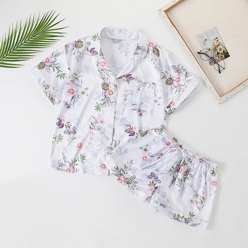 2022 Floral Silk Satin Pajamas Set Women Satin Sleepwear Ladies Pajamas  with Kids Pajamas for Teen Girls