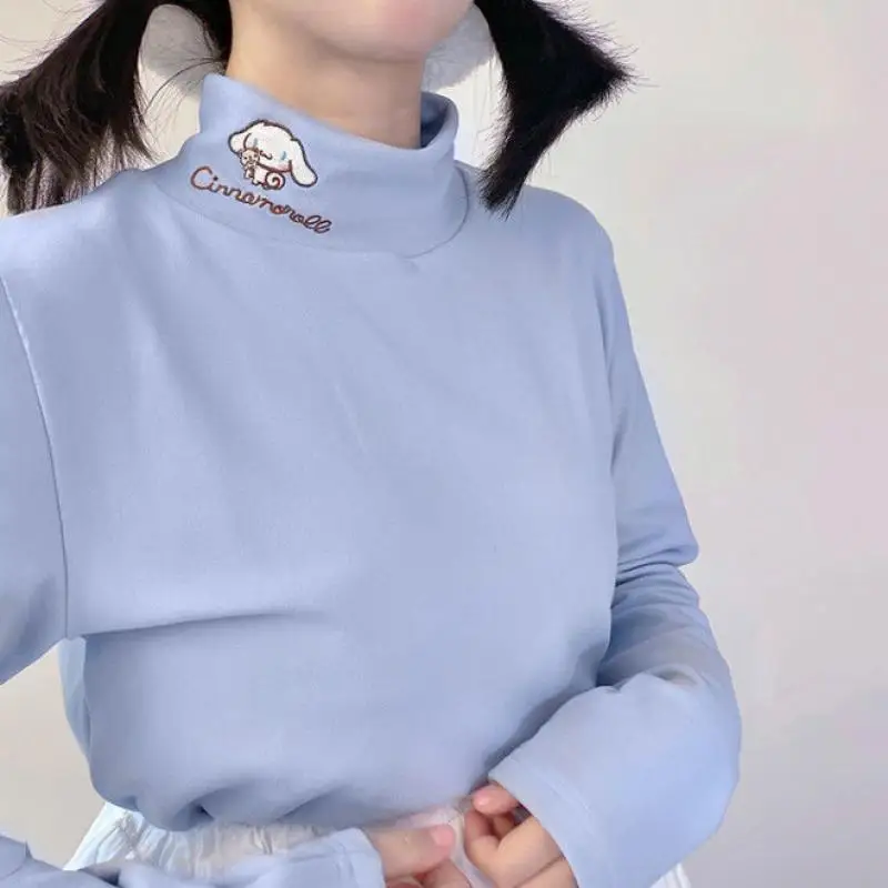 

Sanrioed My Melody Cinnamoroll Kuromi мультфильм кавайная вышивка осень и зима Милая утолщенная короткая водолазка нижняя рубашка