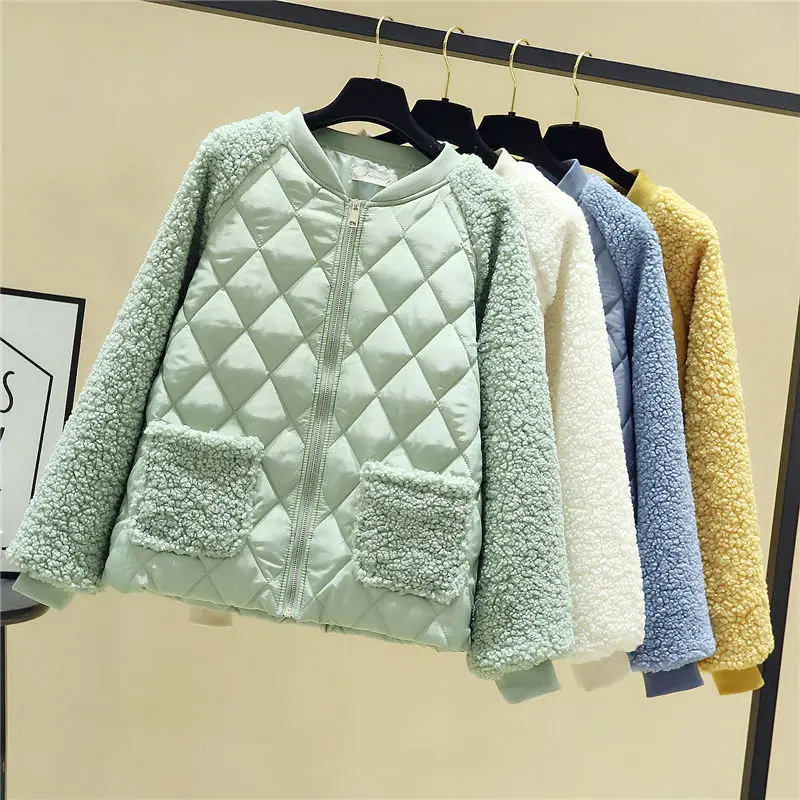 Spring Rhombus Pattern Jacket Women Parkas Lady Short Bomber Jackets Female Casual Outwear Shearling Coats