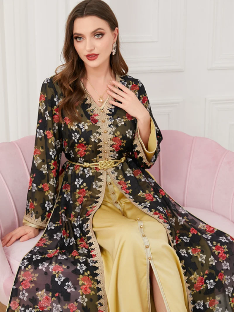 Eid Muslim Women 2 Piece Abaya Dress Set Dubai Ramadan Morocco Party Dresses Belted Kaftan Vestidos V-neck Maxi Prayer Abayas