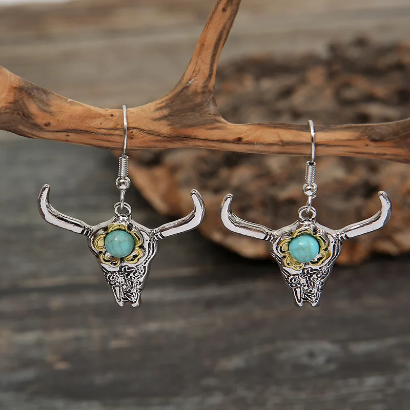 

Domineering retro punk silver distressed turquoise bull head horn earrings ladies party jewelry gift dangle earrings серьги