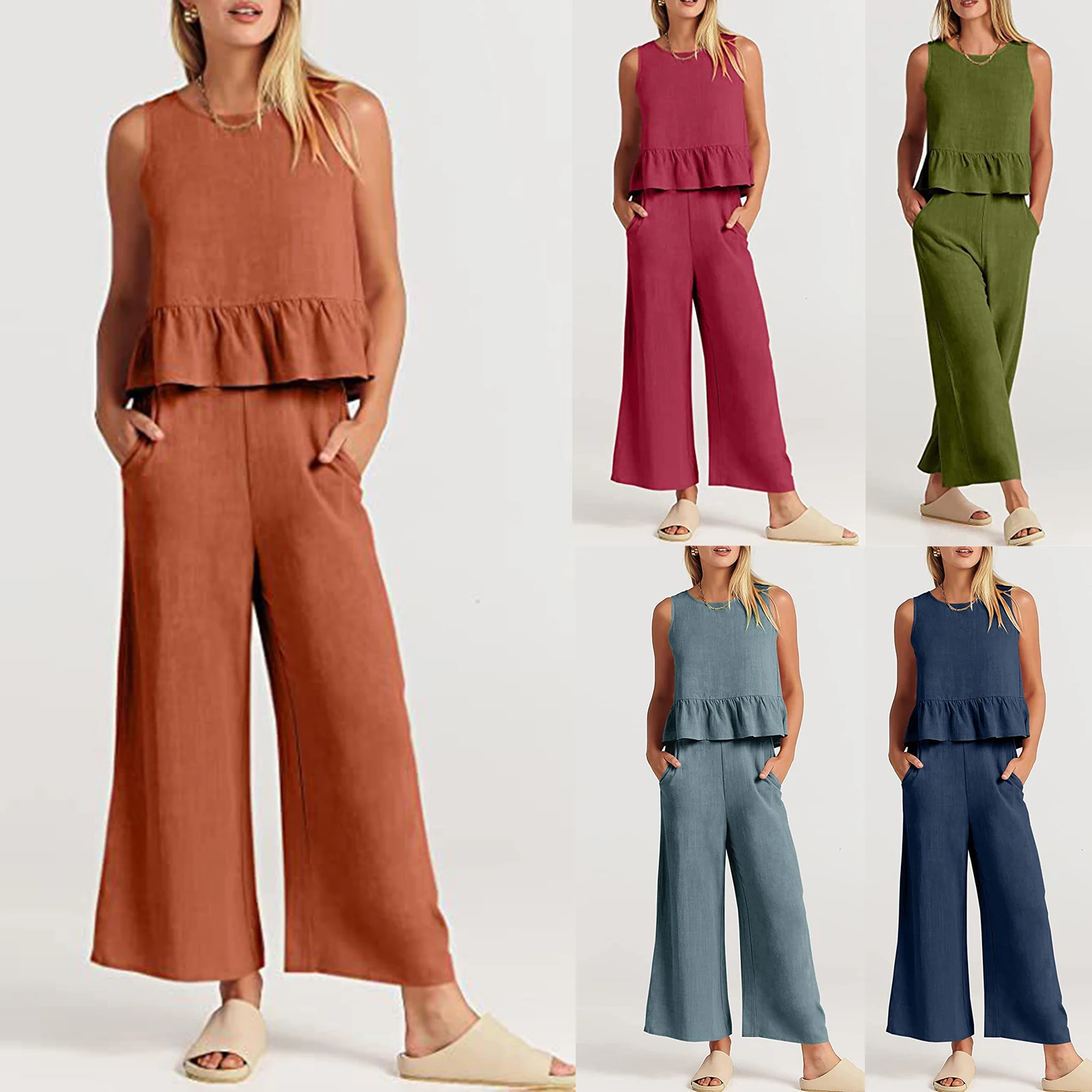 

Ladies Pleated Vest Top Straight Leg Pants t Solid Color Cotton Sleeveless Crop Top Pant with Pockets High Waist Vacation Outfit