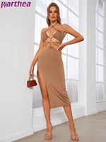 parthea sexy bodycon dress women tie up hollow out ring slit criss cross backless halter summer dress spaghetti strap midi robe