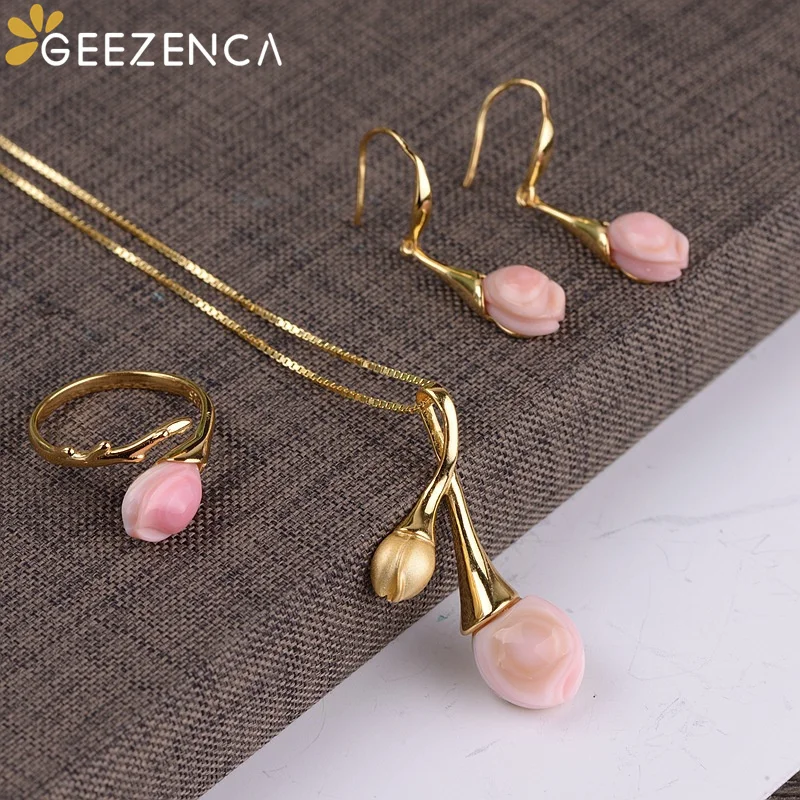 

GEEZENCA 925 Sterling Silver Gold Plated Pink Shell Flower Necklace Ring Earrings Luxury Fashion Jewelry Sets For Women Wedding