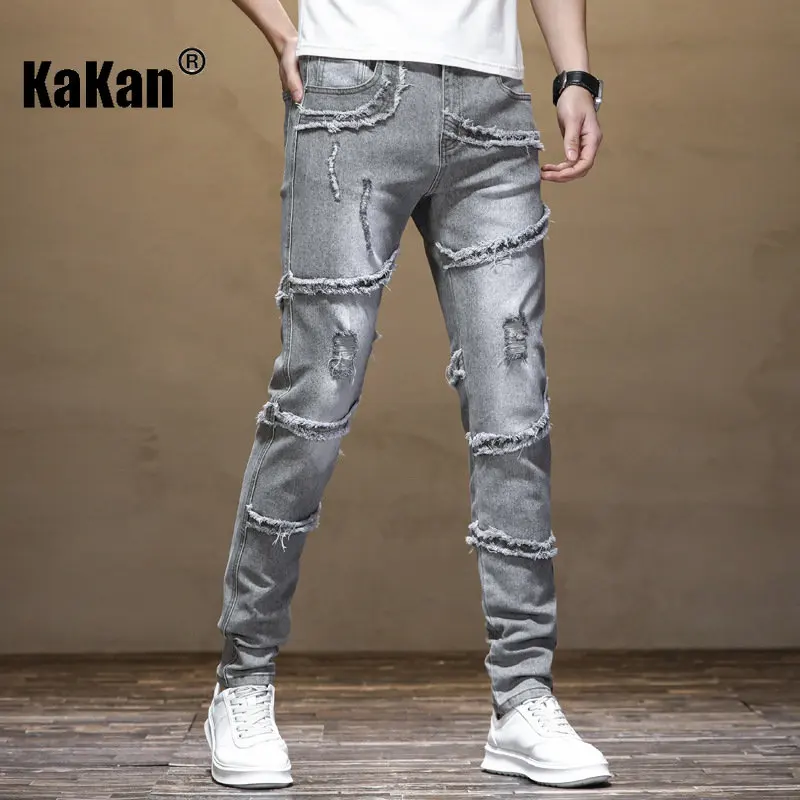 Kakan - New Light Grey Slim Fit Motorcycle Spliced Ragged Edge Jeans for Men, Trendy Small Feet Mid Waist Long Jeans K19-9325