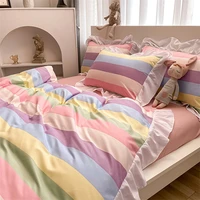 fashion rainbow bedding set lace duvet cover set children princess quilt cover pillowcase 4 pieces home textile adult bed sheet