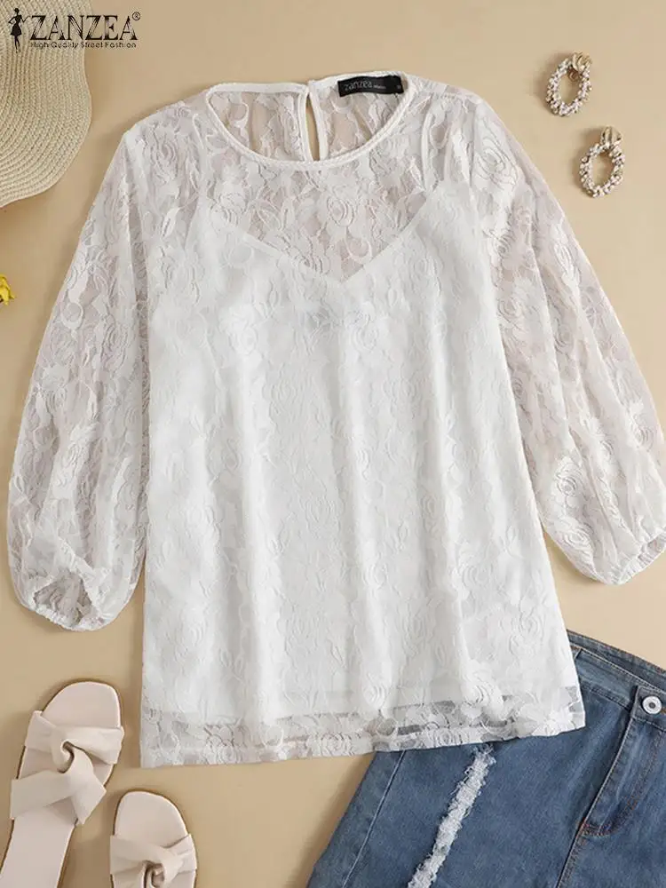 

Модный летний женский комплект из двух предметов, блузка ZANZEA 2022 года, кружевной лоскутный топ с рукавом 3/4, повседневная однотонная Свободна...