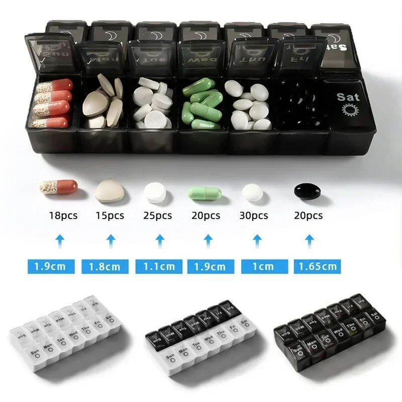 

Контейнер для таблеток, 7 дней, два ряда, 14 отделений, органайзер для таблеток, черно-белый резак для таблеток