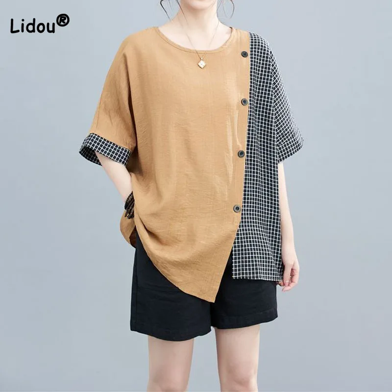 

Female Fashion Commute Plaid Printed Asymmetrical T-shirt Summer Casual All-match Button Spliced Loose Tops Women's Clothing