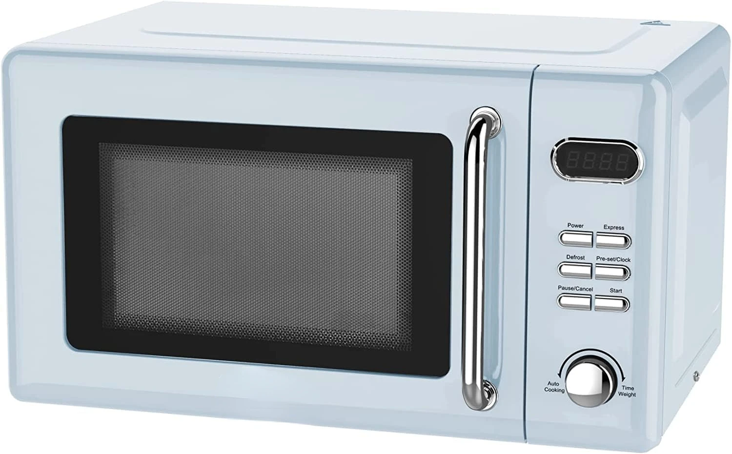 

Cu Ft Retro Digital Microwave Oven, 700W with 5 Micro Power Levels, 8 Pre-Programmed Settings, Express & Defrost, Chrome Han