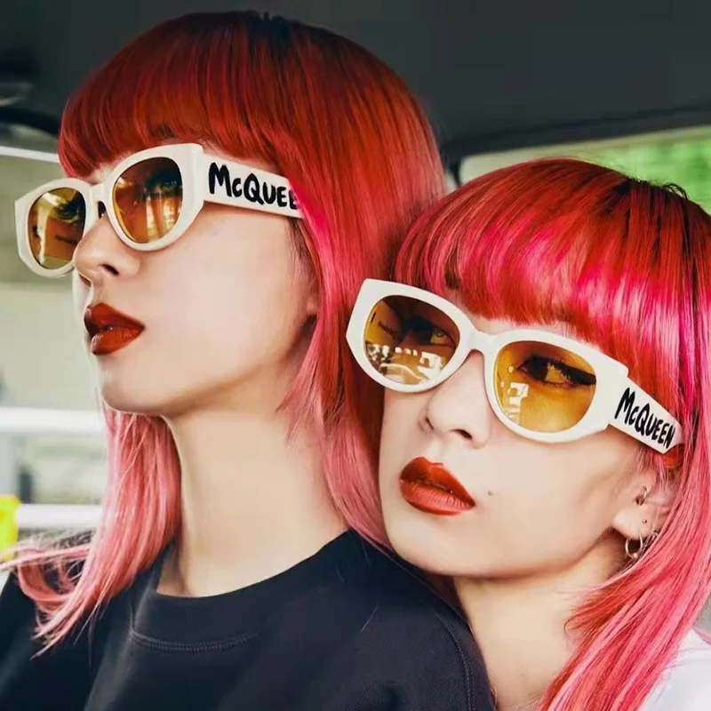 

Fashion Oval MYC QUEEN Letters Sunglasses for Women Man Retro Wide Leg Beige Female Eyewear UV400 Driving Shades Glasses 2022