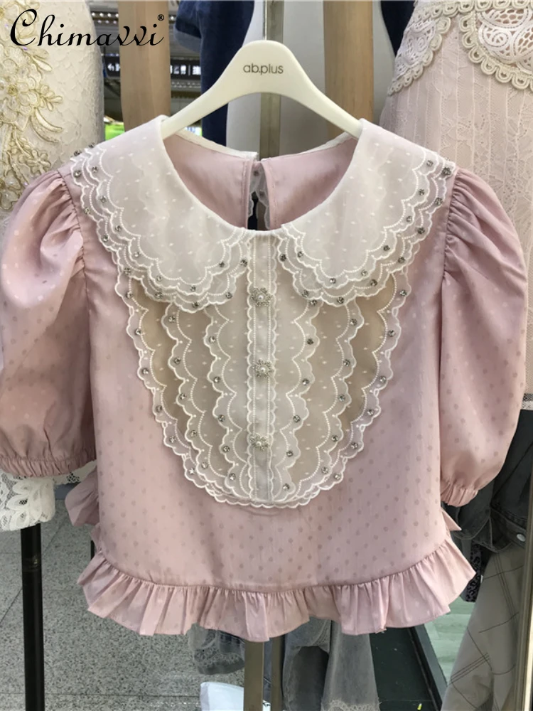

Diamond Contrast Color Embroidery Sweet Short Shirt Ladies 2022 Summer Doll Collar Puff Sleeve Polka Dot All-Matching Top Women