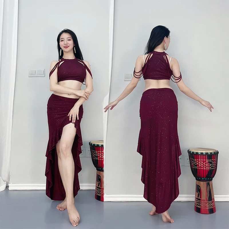 

Практическая одежда для танца живота, новинка 2022 года, сексуальный жилет с серебряной нитью и кружевная юбка с голыми ногами, восточные костюмы для танца живота