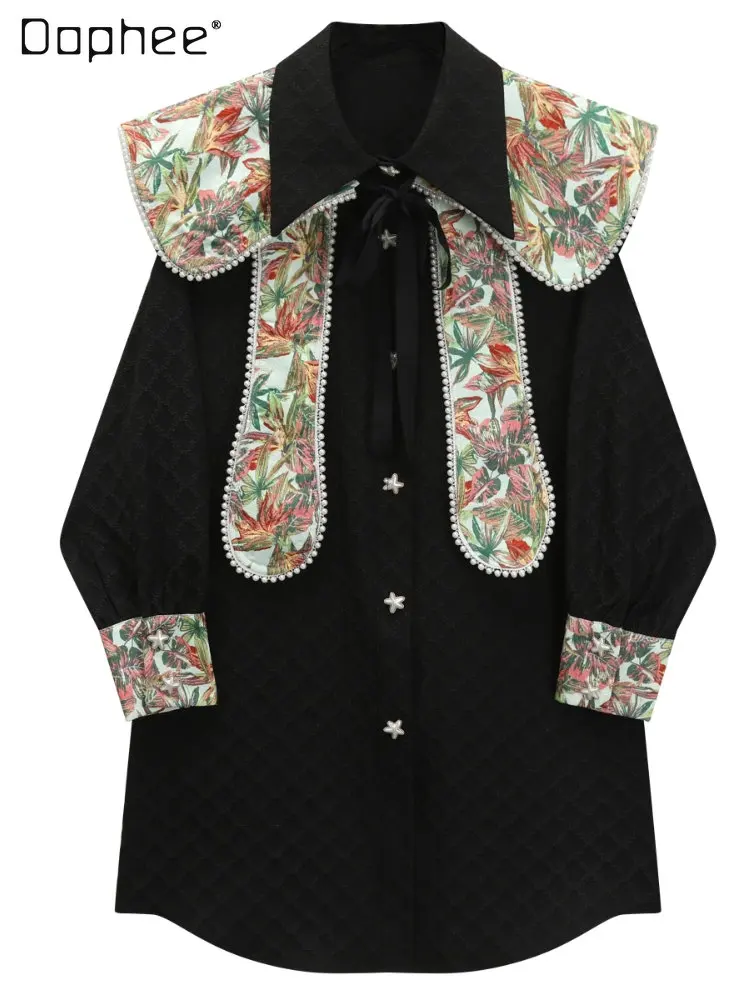 

2023 Spring New Unique Retro Woman Shirt Dress Sweet Large Collar Shawl Loose Single-breasted Long Sleeve Dresses for Woman