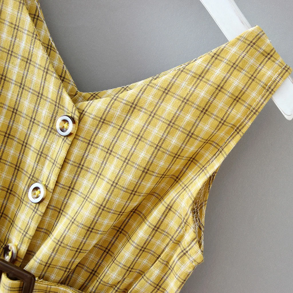 

Модное клетчатое платье без рукавов для маленьких девочек с V-образным вырезом и пуговицами, с поясом, сарафан для девочек