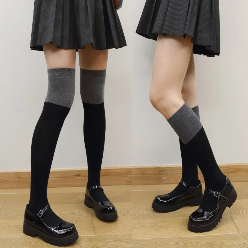 

Осенне-зимние вязаные хлопковые чулки JK, женские цветные длинные носки в стиле пэчворк, мягкие чулки выше колена в стиле "Лолита"