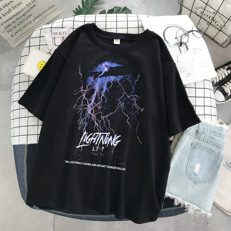 

Women T Shirts Lightning Punk Goth Y2k Tops Harajuku Print Short Sleeve Hip Hop Streetwear Tops Loose Casual Oversized Tee Shirt