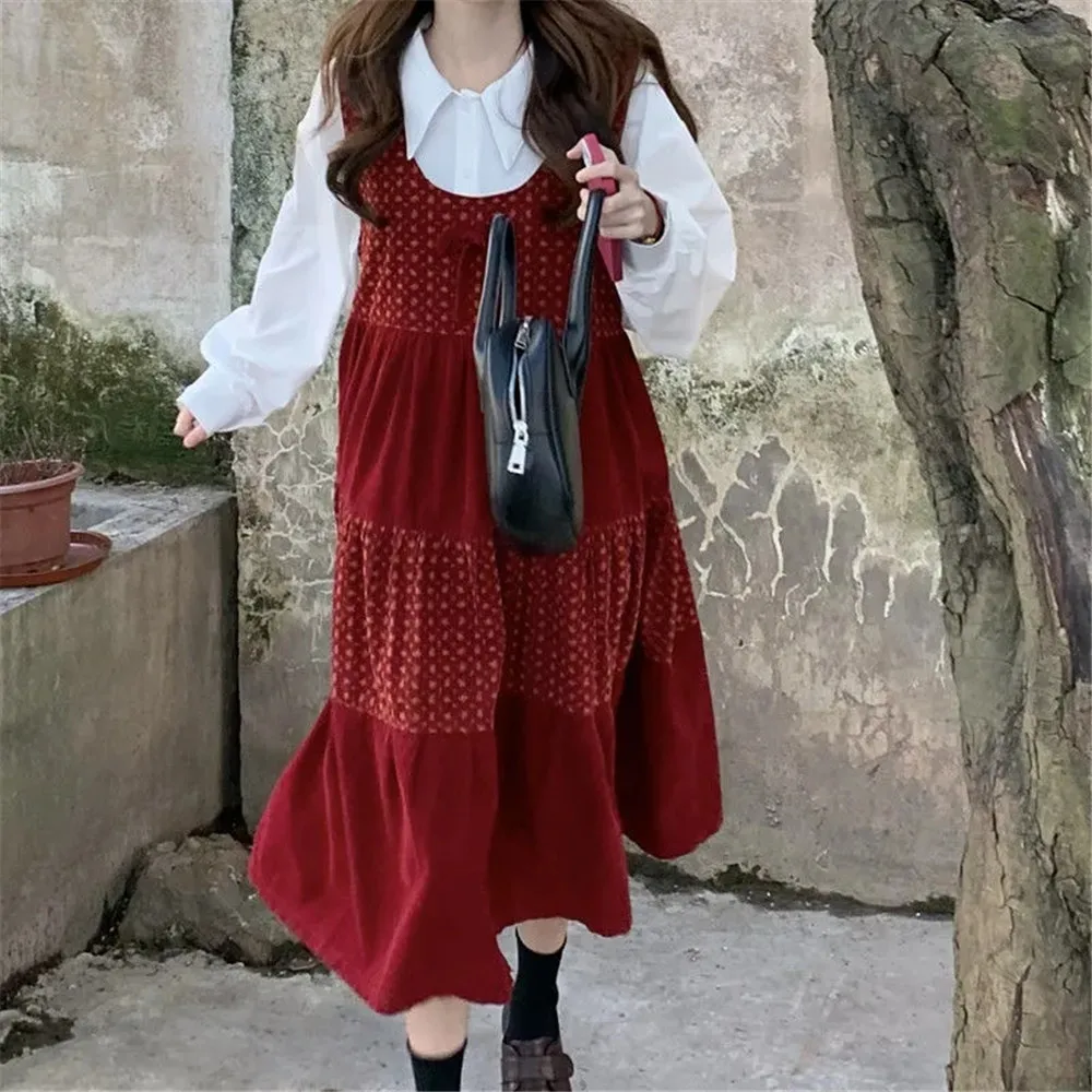 

Girl Sweet 2pcs Set Burgundy Corduroy Printing Suspenders Dress +Lantern Sleeves White Shirt Two-Piece Fashion Suit Fall/Winter