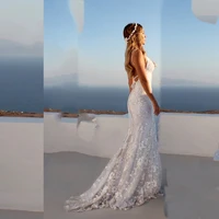 sexy deep v neck mermaid wedding dress boho sleeveless lace appliques bridal gown backless zipper tulle train vestido de noiva