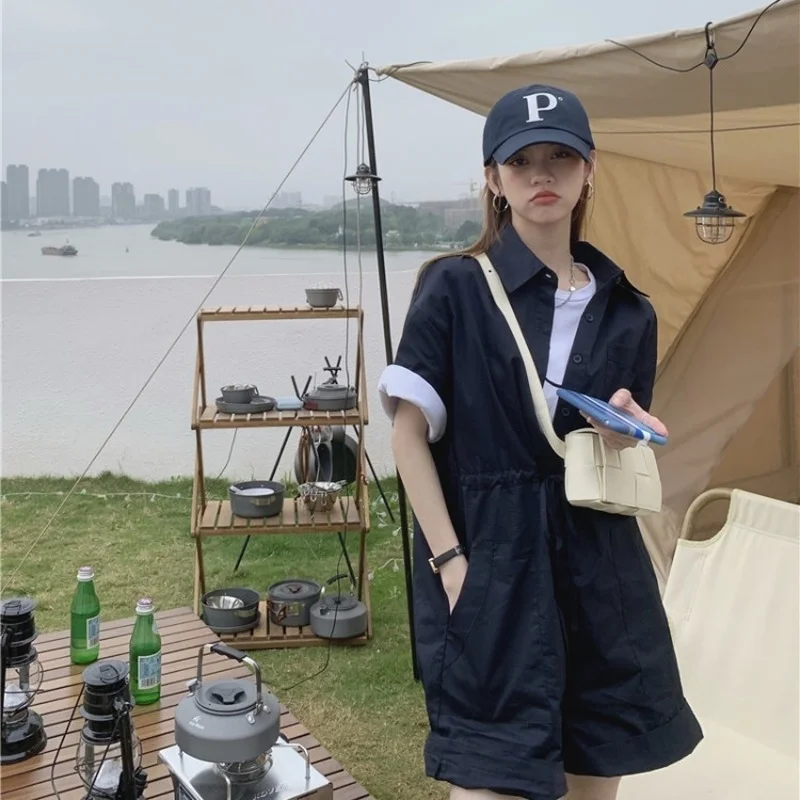 New Fashion Korean Summer Casual Loose Short Sleeve One-piece Shorts Drawstring Lace Workwear One-piece Shorts Women's Clothing