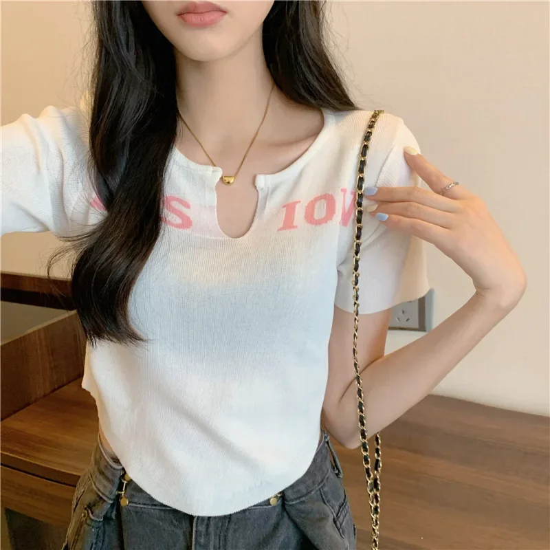 Sweet Spicy Отличительный вязаный женский укороченный топ с U-образным вырезом и