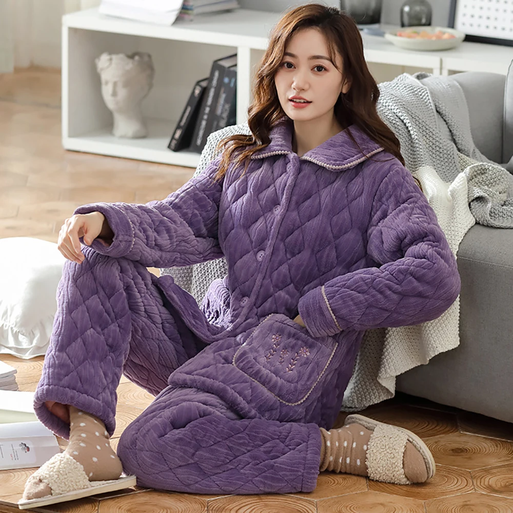Winter Flannel 3-layer Thicken Pajama Sets for Women Warm Sleeping Clothes Female Trendy Pijamas Home Suit Loose Plaid Pajamas